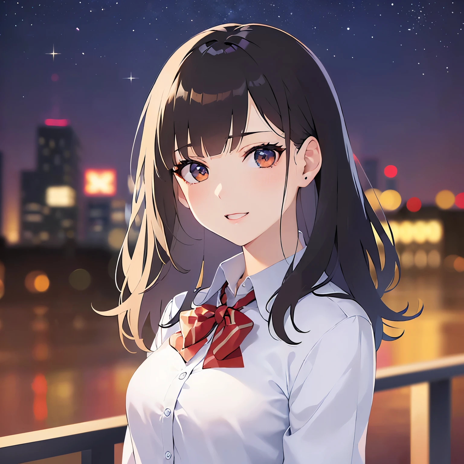 lookin at viewer,upper Body, Realistic, real person, (pale skin: 1.2), RAW photo, photorealistic, shiny skin, shiny hair、 (A 25-year-old woman with bob hair and bangs:1.5) and (wavy hair) and (brown hair) and (Orange Eyes)、 (business suit)and (Wearing a white collared shirt)、 blush,smile,The background is the city at night、Night Sky