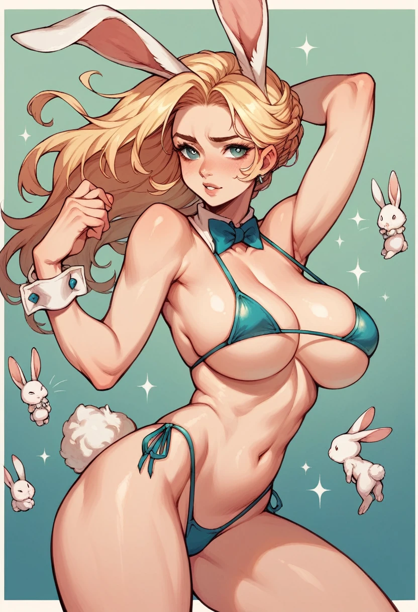 Alone rabbit, fantasy race, large breasts, bard, smallest bikini, blond hair, rabbit ears, rabbit tail, rabbit people. Blond rabbit