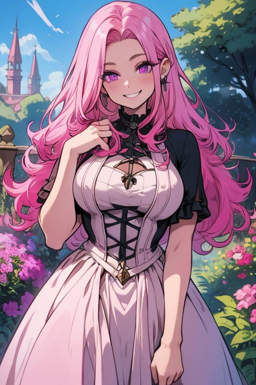 perfect face, perfect hands. A pink haired woman with violet eyes and an hourglass figure in a leather ballgown is smiling in the garden