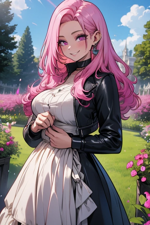 perfect face, perfect hands. A pink haired woman with violet eyes and an hourglass figure in a leather ballgown is smiling in the garden