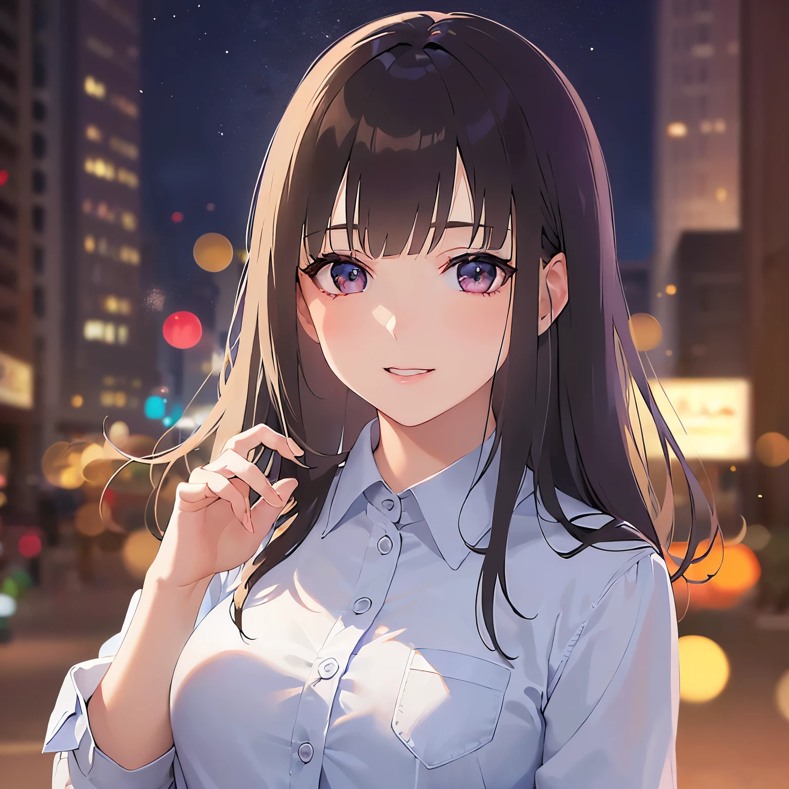 lookin at viewer,upper Body, Realistic, real person, (pale skin: 1.2), RAW photo, photorealistic, shiny skin, shiny hair、 (A 25-year-old woman with bob hair and bangs:1.5) and (wavy hair) and (brown hair) and (Orange Eyes)、 (business suit)and (Wearing a white collared shirt)、 blush,smile,The background is the city at night、Night Sky