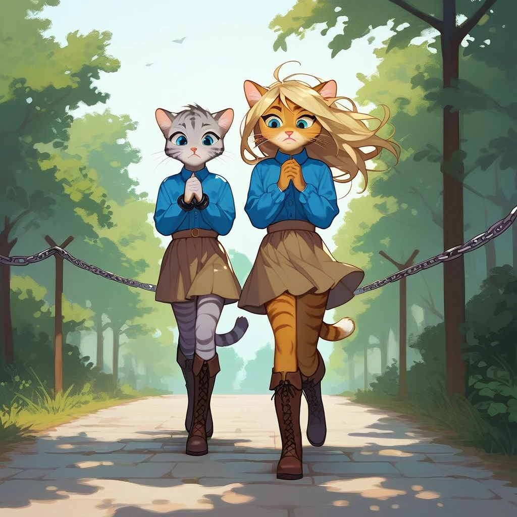 Group, score_9,score_8_up,score_7_up, source_cartoon, kat, Anthro furry feline, female, short slender body, long blonde hair, long messy hair, pink nose, blue eyes, white whiskers, silver fur, grey stripes, furry body, short, young, about , wearing ruffled blue blouse, brown skirt, looking down, furrowed eyebrows, brown boots, nighttime, walking, hands chained together, hands restrained by chains, side view, a rope tied to her wrists, walking down a nature path, outdoors, soldiers in the background