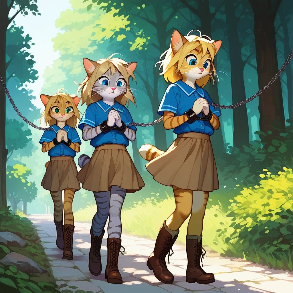 Group, score_9,score_8_up,score_7_up, source_cartoon, kat, Anthro furry feline, female, short slender body, long blonde hair, long messy hair, pink nose, blue eyes, white whiskers, silver fur, grey stripes, furry body, short, young, about , wearing ruffled blue blouse, brown skirt, looking down, furrowed eyebrows, brown boots, nighttime, walking, hands chained together, hands restrained by chains, side view, a rope tied to her wrists, walking down a nature path, outdoors, soldiers in the background