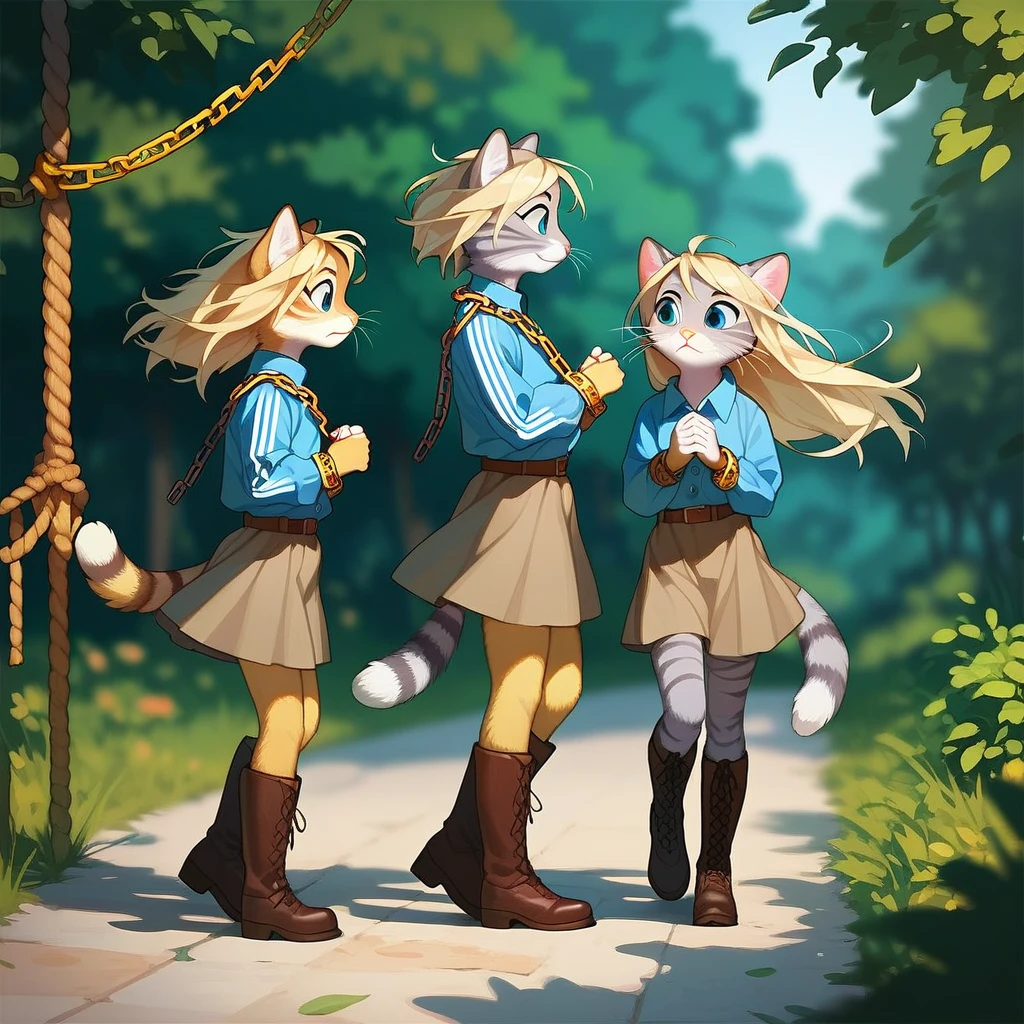 Group, score_9,score_8_up,score_7_up, source_cartoon, kat, Anthro furry feline, female, short slender body, long blonde hair, long messy hair, pink nose, blue eyes, white whiskers, silver fur, grey stripes, furry body, short, young, about 6 years old, wearing ruffled blue blouse, brown skirt, looking down, furrowed eyebrows, brown boots, nighttime, walking, hands chained together, hands restrained by chains, side view, a rope tied to her wrists, walking down a nature path, outdoors, soldiers in the background