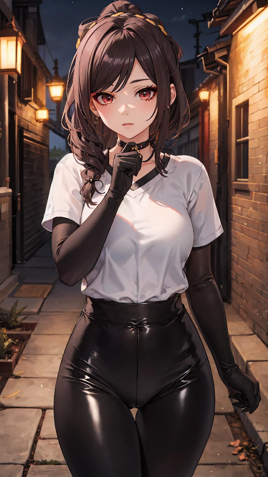 1 girl, Chiori \(genshin impact\), Alone, choker:1.6, White long sleeve shirt with long sleeve collar, black gloves that cover your hands, shiny black leggings, looking at the viewer,, inside, depth of field, expressionless, alley, at night
