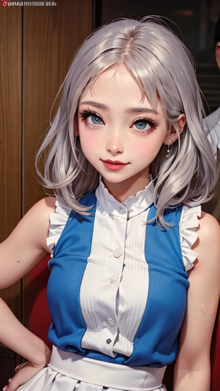 blush a little and smile, (Top quality masterpiece:1.2) Delicate illustrations, Very detailed, /Beautiful Japanese Women、1 person,Very cute and slim、Great style 、((8K images、super high quality))、Very delicate face, Skin and Hair、beautifule forehead、Red lipstick、(((((Mid-length hair、Silver Hair、lure))))),Very cute Japanese cut face、Eyes and nose are clearly visible、Kind eyes,((((Sleeveless fashion))))
