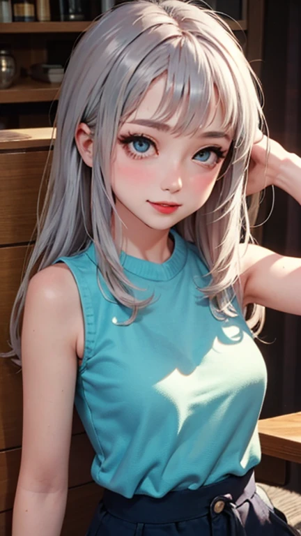 blush a little and smile, (Top quality masterpiece:1.2) Delicate illustrations, Very detailed, /Beautiful Japanese Women、1 person,Very cute and slim、Great style 、((8K images、super high quality))、Very delicate face, Skin and Hair、beautifule forehead、Red lipstick、(((((Mid-length hair、Blonde、lure))))),Very cute Japanese cut face、Eyes and nose are clearly visible、Kind eyes,((((Sleeveless fashion))))