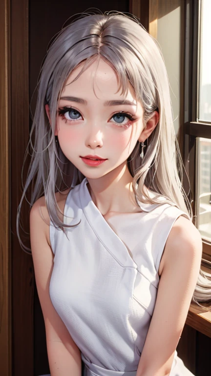 blush a little and smile, (Top quality masterpiece:1.2) Delicate illustrations, Very detailed, /Beautiful Japanese Women、1 person,Very cute and slim、Great style 、((8K images、super high quality))、Very delicate face, Skin and Hair、beautifule forehead、Red lipstick、(((((Mid-length hair、Silver Hair、lure))))),Very cute Japanese cut face、Eyes and nose are clearly visible、Kind eyes,((((Sleeveless fashion))))