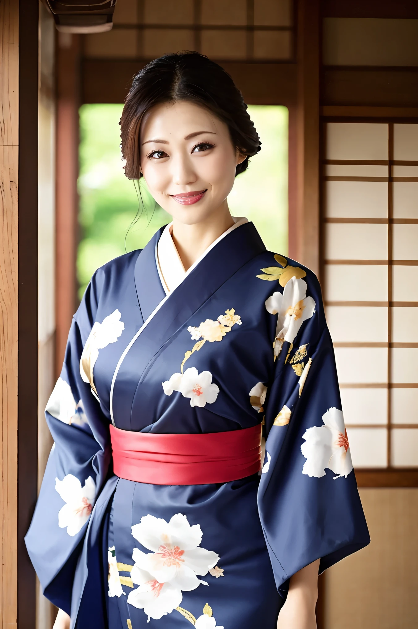 (Highest quality、Tabletop、8K、Best image quality、Award-winning works)、(One beautiful mature woman:1.1)、Adult face、(Innkeeper:1.1)、(Elegant floral kimono:1.2)、(A kimono with a perfect and precise collar:1.2)、Perfect mature woman portrait photo、Glowing Skin、Standing Elegantly、(Blurred elegant and exquisite perfect Japanese style room background:1.3)、(The most natural and perfect tidy Japanese style room background:1.2)、Glowing White Skin、Very white skin、(Accentuate your body lines:1.1)、(The most graceful posture:1.2)、(Large Breasts:1.2)、A perfect smile、Perfect beautiful glossy lips、(Accurate anatomy:1.2)、(A perfect and elegant kimono:1.1)、(Standing with good posture:1.1)、(Beautiful high-quality kimono obi:1.1)