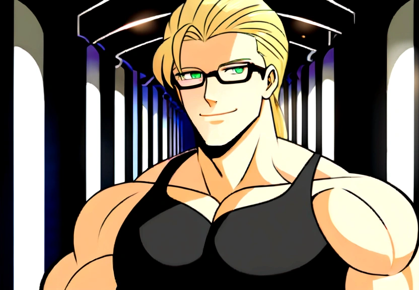"1man, solo, masculine face, black shirt, fair skin, green eyes, toned body, stands, background: in dark street, long blonde hair, smile, 30s, mature, handsome, wear glasses, Styles: manhwa style, anime style, digital art, perfect art"
