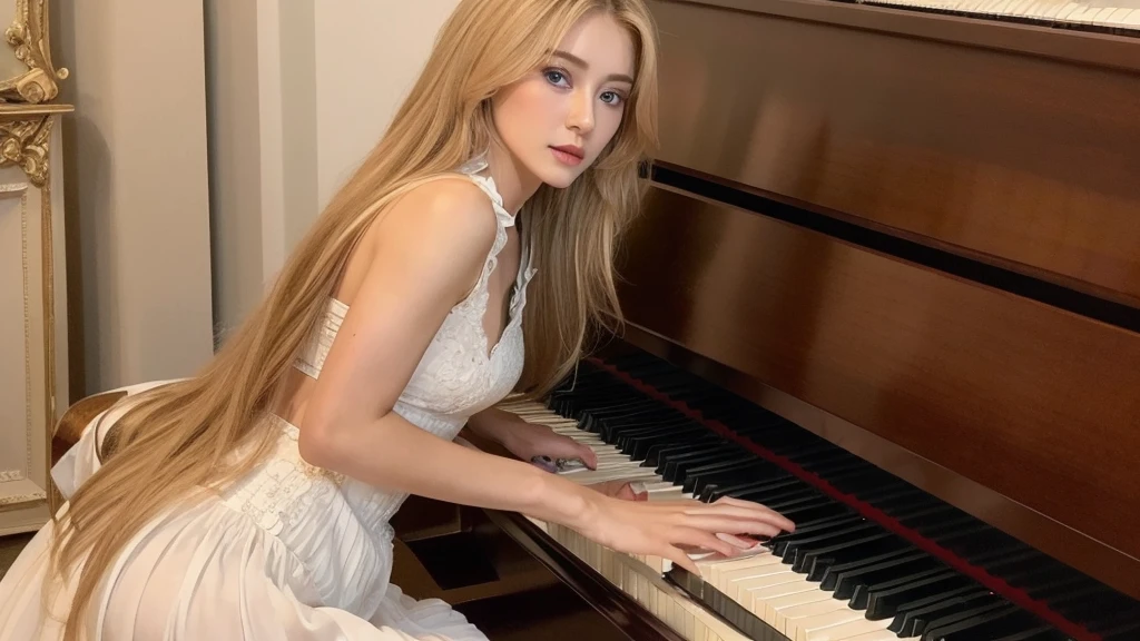 playing piano((best quality, 8k, masterpiece: 1.3)), ((beautiful russian woman)), 1 female, small breasts: 1.3, slim figure: 1.1, toned abs, Blonde semi-long hair, ), Super detailed face, Detailed lips, delicate eyes, double eyelids, Realistic photo
