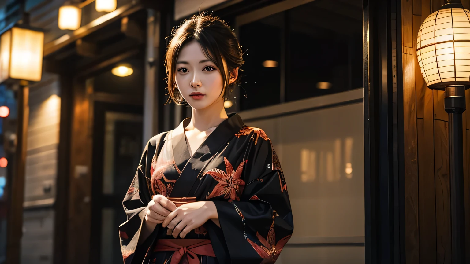 Rina Takeda in a black yukata with a red spiderlily print