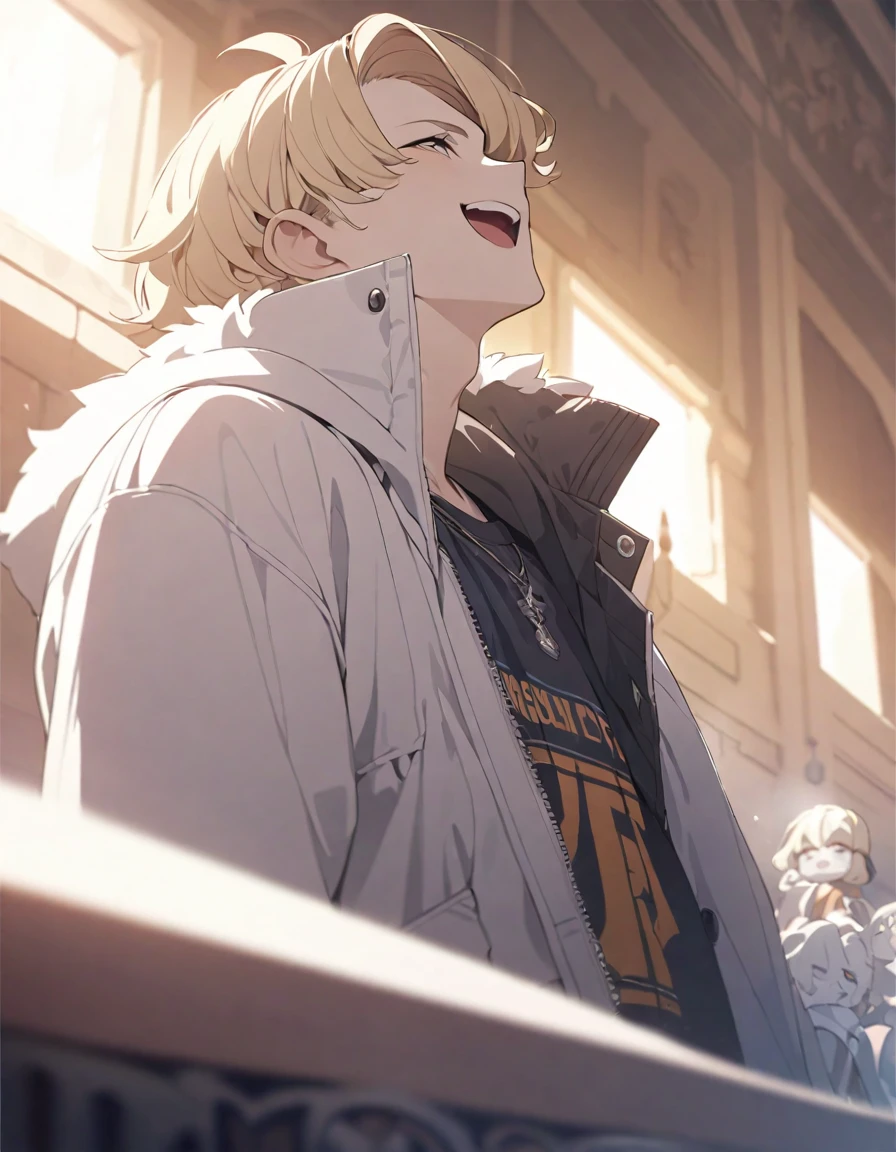 masterpiece，Highest quality，Super detailed，figure，Delicate and detailed，Intricate details，Cinematic Light，Highest qualityのバックライト，1 male, Short fluffy blonde hair, head tilted back, smile, Handsome, Open your mouth, Smug eyes, cool illustration, Street style clothing, Looking over here、
