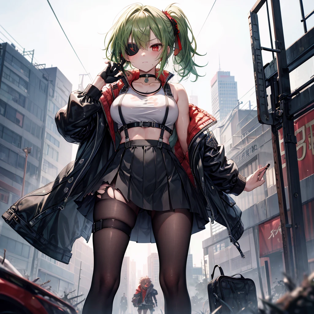 ((Highest quality)), ((masterpiece)), ((detailed)), (4K), 1girl, 独奏, red eye, middle hair, messy hair, green hair, side ponytail, (eyepatch), crop top, leather jacket, large breasts, Torn miniskirt, suspender skirt, torn pantyhose, choker, bracelet, (rain), (wet), gloves, see through, (expressionless), scowl, (from below), (looking down), looking at viewer, (open legs), wasteland, town, blurry background