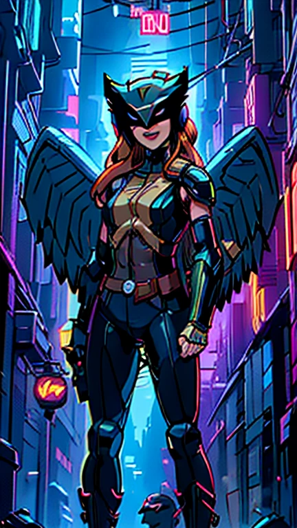 best quality,masterpiece,1girl,solo,(((13years old))),japanese girl,an extremely cute and beautiful girl,highly detailed beautiful face and eyes,petit,cute face,lovely face,baby face,shy smile,show teeth, Blonde hair,Long hair,flat chest,skinny,slender,(((wearing a Hawkgirl costume, Helmet, domino mask,wing spread))),(((standing in Dark Midnight Neon Glow light Cyberpunk Gotham City))),he is looking at the viewer,