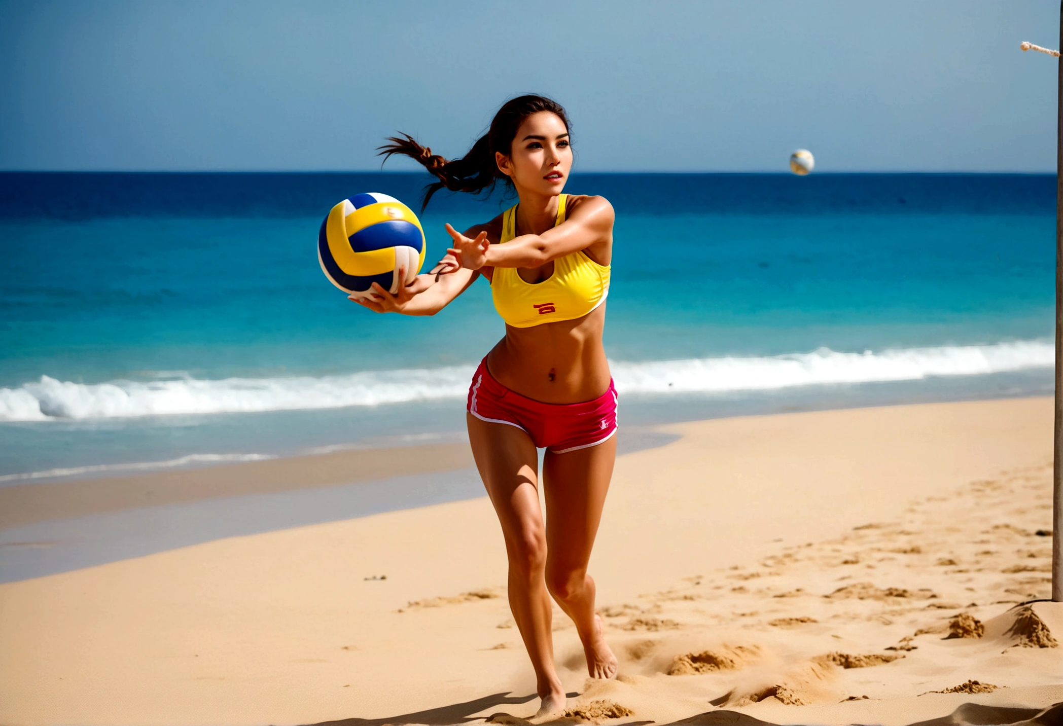 A cute woman is playing volleyball in a sensible beach outfit, high action, having fun