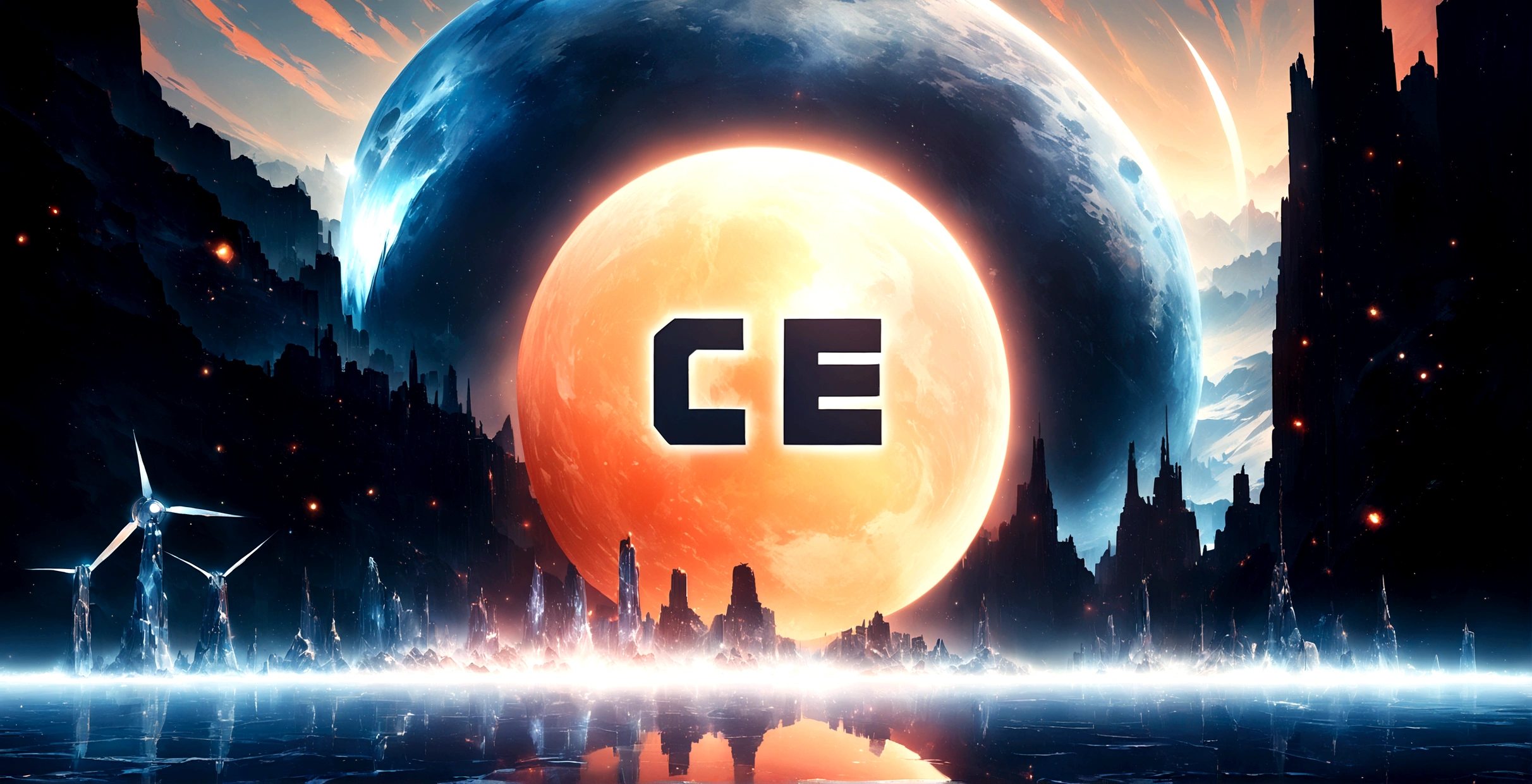 A picture of a future city,There is a huge black hole in the middle, Low temperature engine, ice city in 2 0 8 0, Close-up establishing shot, ice planet, CG special effects, Celluloid Animation, Popular on cgstation, Cartoon illustration, everything is made out of ice, Space landscape, ice, black hole rising above city, Wide-angle establishing shot, Sharing photo