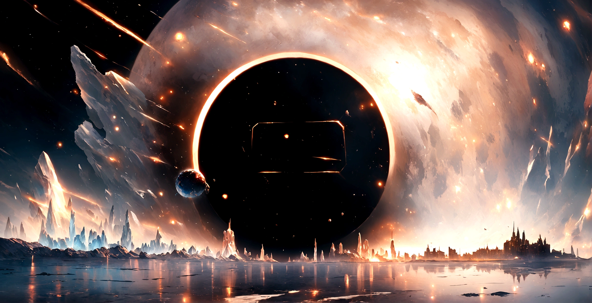 A picture of a future city，There is a huge black hole in the middle, Low temperature engine, ice city in 2 0 8 0, Close-up establishing shot, ice planet, CG special effects, Celluloid Animation, Popular on cgstation, Cartoon illustration, everything is made out of ice, Space landscape, ice, black hole rising above city, Wide-angle establishing shot, Sharing photo