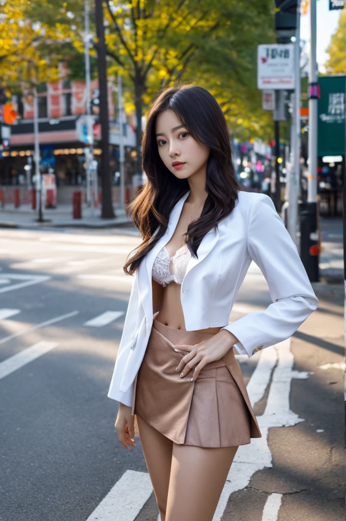 a 17 year old girl, she is the most beautiful actress in the world, the perfect body proportions of this girl, her clothed large breasts with the blazer which is worn on the formal shirt and appropriately closed on her waist, her crotch area of the panties are hardly hidden by the short skirt, her bare legs, it's just the front of her body, it's just one description, the lower than her shins are out of space, she is standing straight at the street, best quality, highly detailed, masterpiece, ultra high res, photo realistic, 8k, RAW photo