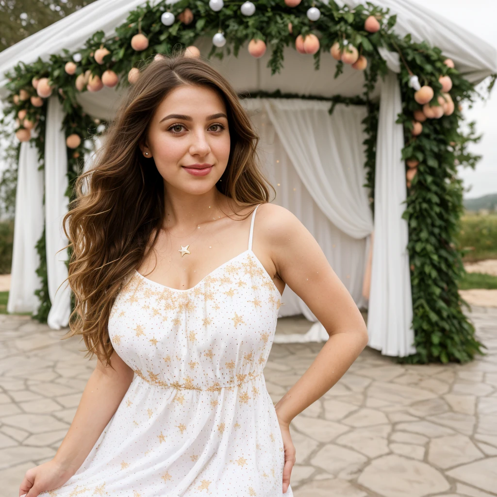 Caseyli, 1girl, solo, 30 years old, (Georgian face), (Georgian nose), (Georgian lips), (((wide hips))), (((dark blonde hair))), wavy medium hair, upper body and upper legs, (((wearing white starry dress))), background: posing outside the gazeboo, smirking, leaning, ((peach body)))
