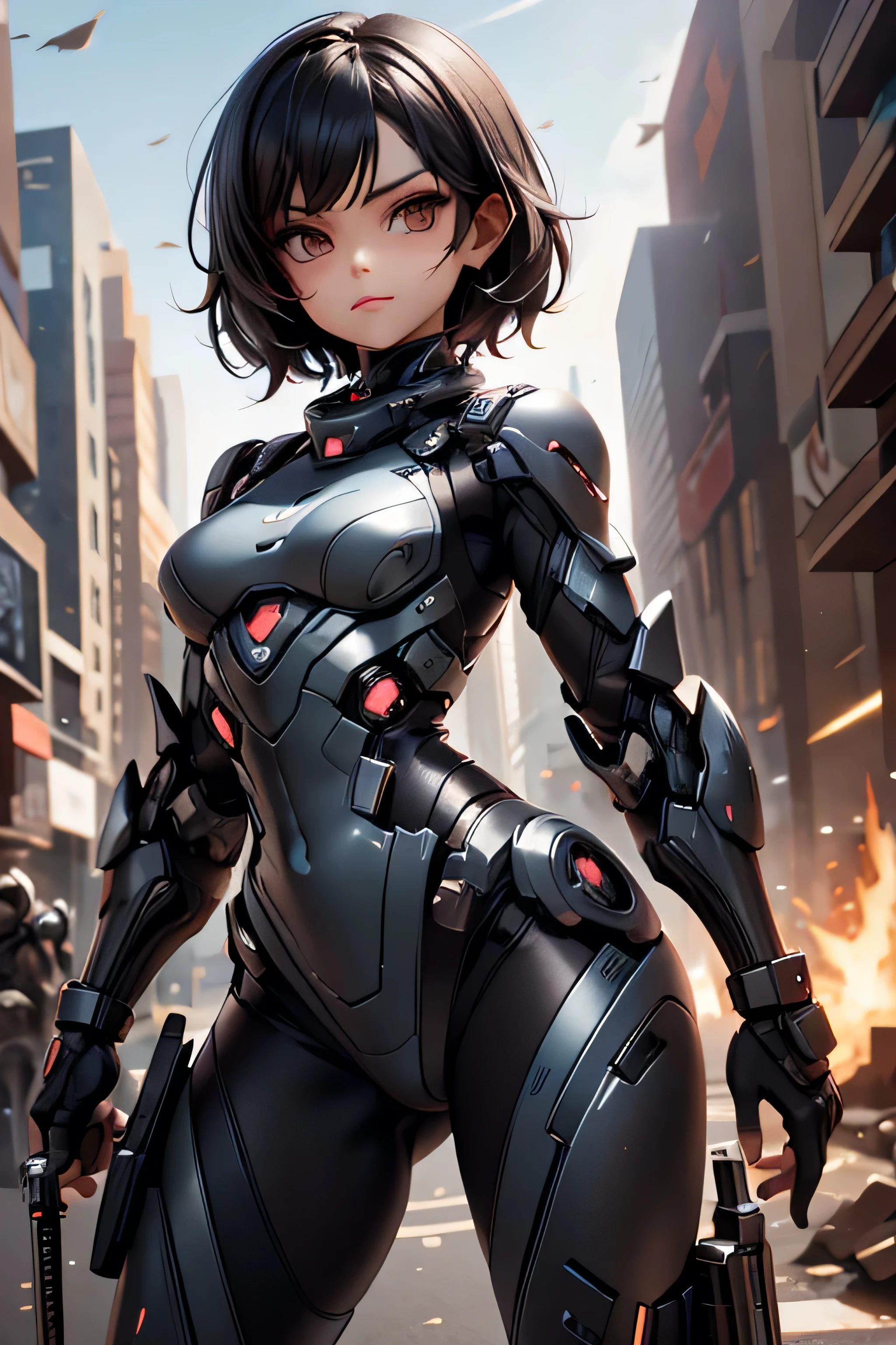 milf, small breasts, Short black hair, Brown eyes, heintai combat suit