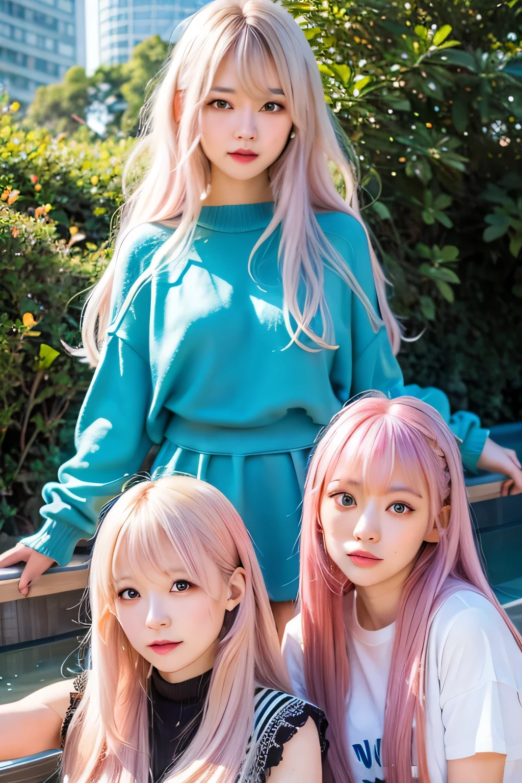 Ai Hoshino, beige pink hair, Blue Hair,Long Hair, favorite , beautiful, Shining Eyes, stars are reflected in my eyes, Idol, 2By people, 2 girls, Long pink hair,Same height