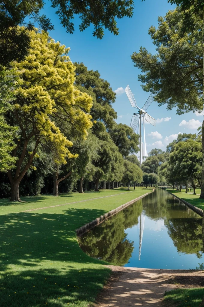 The landscape represents a flowery field in spring in which we can see three different parts: the one closest to us, which is the water, the central part, which is made up of an immense stand full of flowers and some trees, and a more distant part made up of a tree stand the water of the canal is blue clean transparent and calm It is probably used to irrigate the lands next door which are covered with a green layer of grass of flowers and trees these trees are not too corpulent and have thinner and longer branches with many pinkish white flowers that consist of the strong and vivid color of the rest of the flowers in El Prado near the canal and on the right side there is a windmill with blades that the wind moves. In the background you can see some leafy trees that close the Prado is it is clear and blue and bright, it should be nice to live in a place like this without excess, peaceful and healthy, far from the hustle and bustle, pollution and nervousness of big cities.