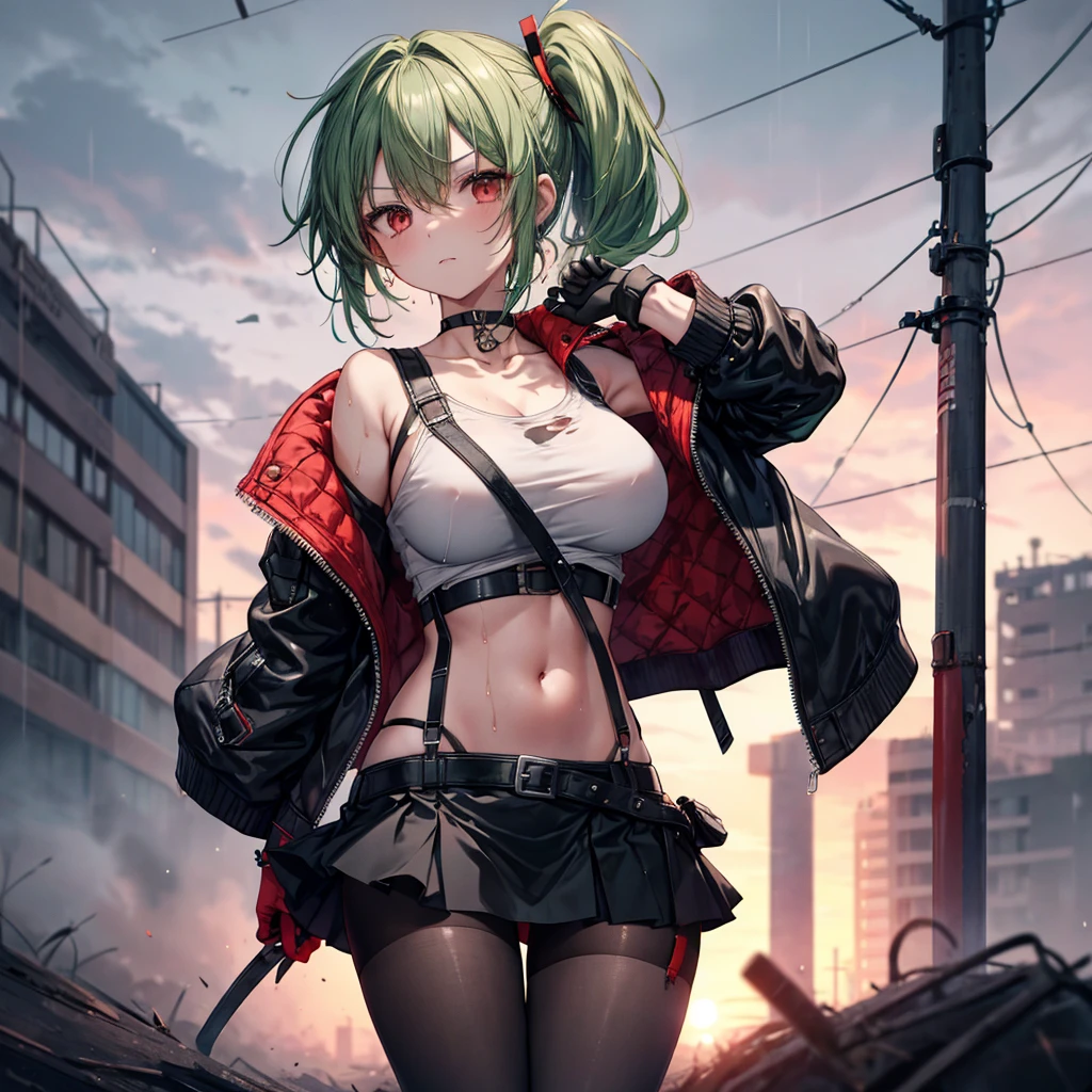 ((Highest quality)), ((masterpiece)), ((detailed)), (4K), 1girl, 独奏, red eye, middle hair, messy hair, green hair, side ponytail, (eyepatch), fighter, crop top, leather jacket, large breasts, Torn miniskirt, suspender skirt, torn pantyhose, choker, bracelet, (rain), (wet), gloves, see through, (expressionless), scowl, (from below), (looking down), looking at viewer, (open legs), wasteland, town, blurry background