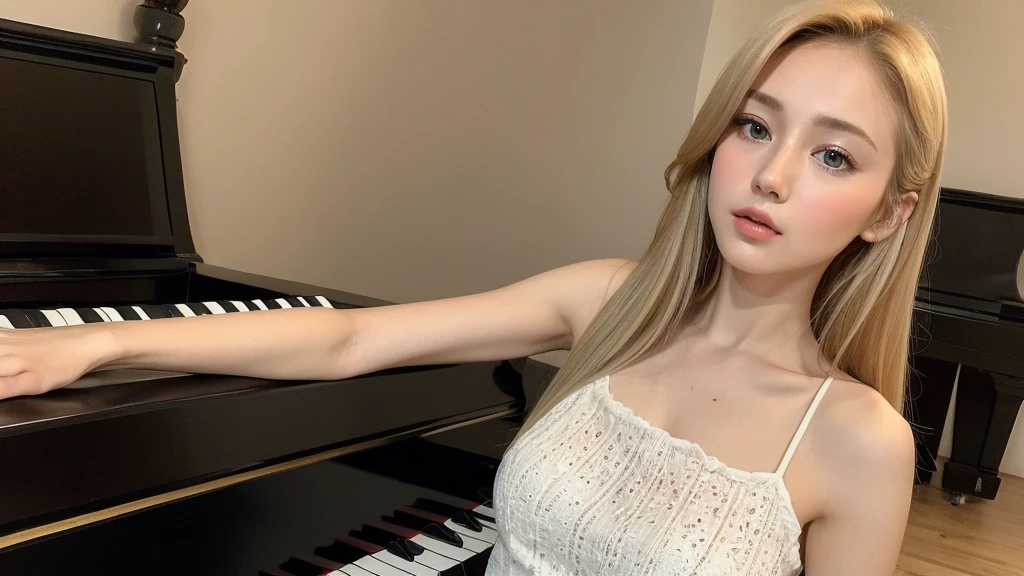 playing piano((best quality, 8k, masterpiece: 1.3)), ((beautiful russian woman)), 1 female, small breasts: 1.3, slim figure: 1.1, toned abs, Blonde semi-long hair, ), Super detailed face, Detailed lips, delicate eyes, double eyelids, Realistic photo