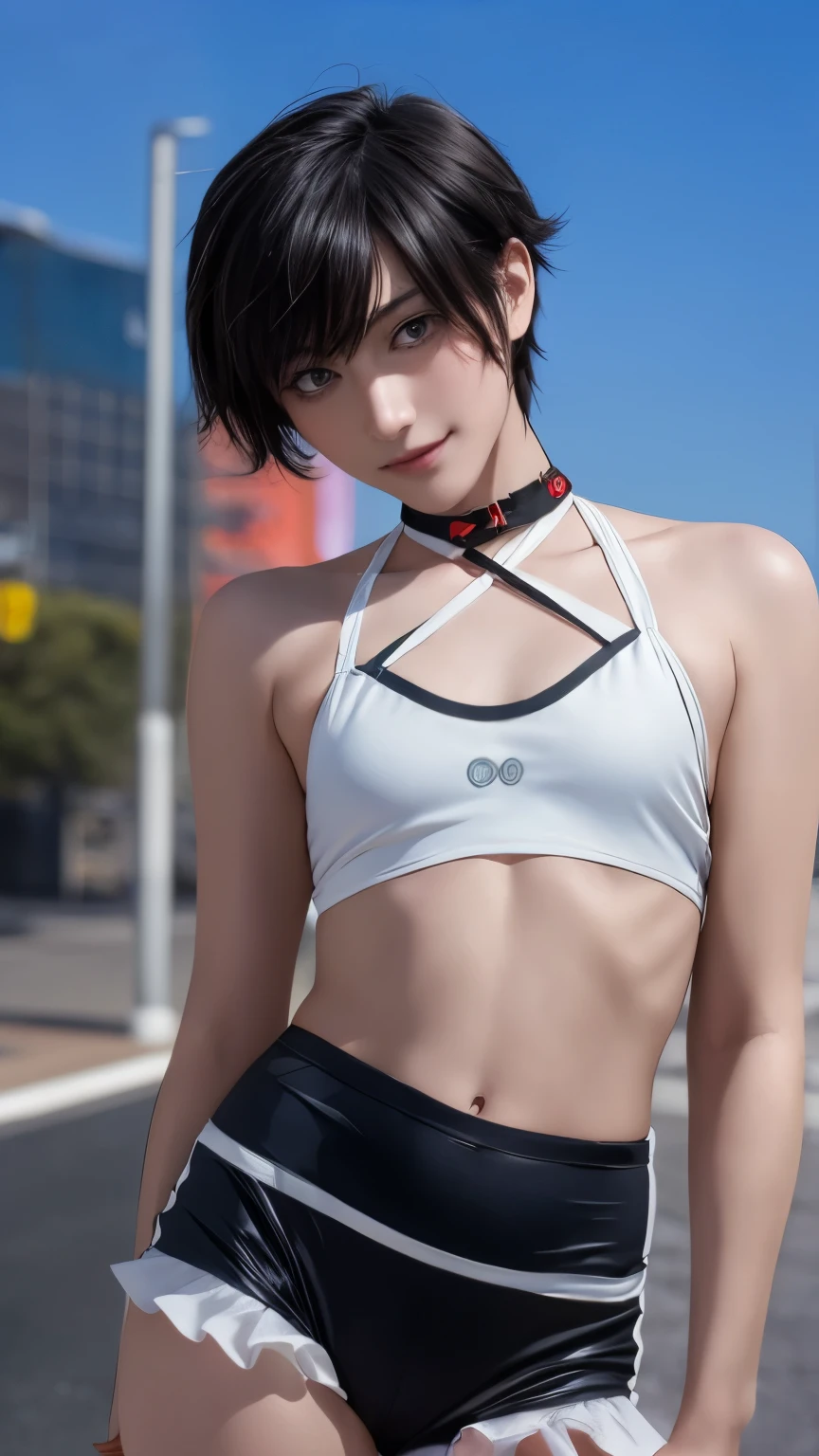 resolution,Sharp focus、(Super detailed,Very detailed)、(Photorealistic artwork:1.37)、(Very detailed CG unity 8k wallpaper)、(((Vibrant colors,Vibrant Themes)))、(Complex)、(masterpiece)、(Highest quality)、Artistic photography、(Photography by sldr)、(Complex background)、perfectly rendered face、Perfect facial details、Realistic Face、((Complex detail)),(((realism))),フォトrealism ]!!!、Smooth anime CG art、アニメrealism、3D Anime Real(masterpiece、Premium Quality:1.2)、Photo of a boy、Beautiful Boy、Black-haired boy、Boy with medium short hair、A boy with short hair covering his ears、Japan Boy、Cute boy、-yeld bolim boy、Slender boy、Neutral boy、Femboy、A boy with feminine, soft body lines、A boy with a slender body、shiny and smooth skin、((Flat Chest 1.5))、A boy who looks like Gamon Kawai、(Race Queen Costume: 1.2)、Bloomers、Watching the audience、Stick your butt out、deep navel、choker、smile