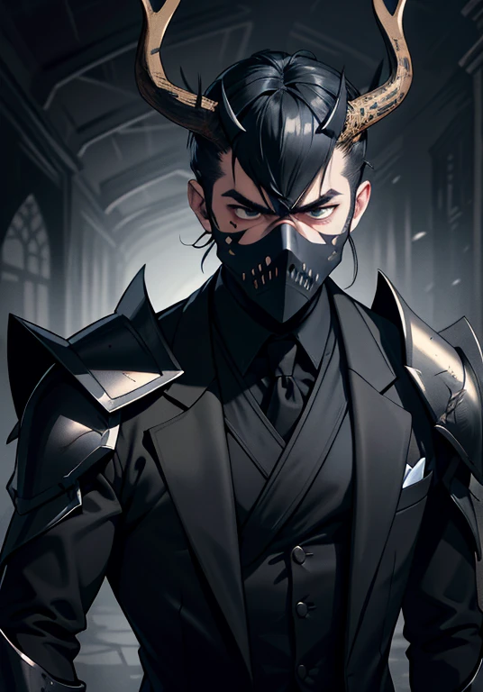 high quality image of a ninja, black suit, suit decorated with blue gothic lines, elk horns on his head, white mask of terror, macabre mask corroded by darkness, an eye instead of the mouth dripping darkness, black eyes, neck full of visible black sutures, golden half-body armor, macabre gothic castle background,