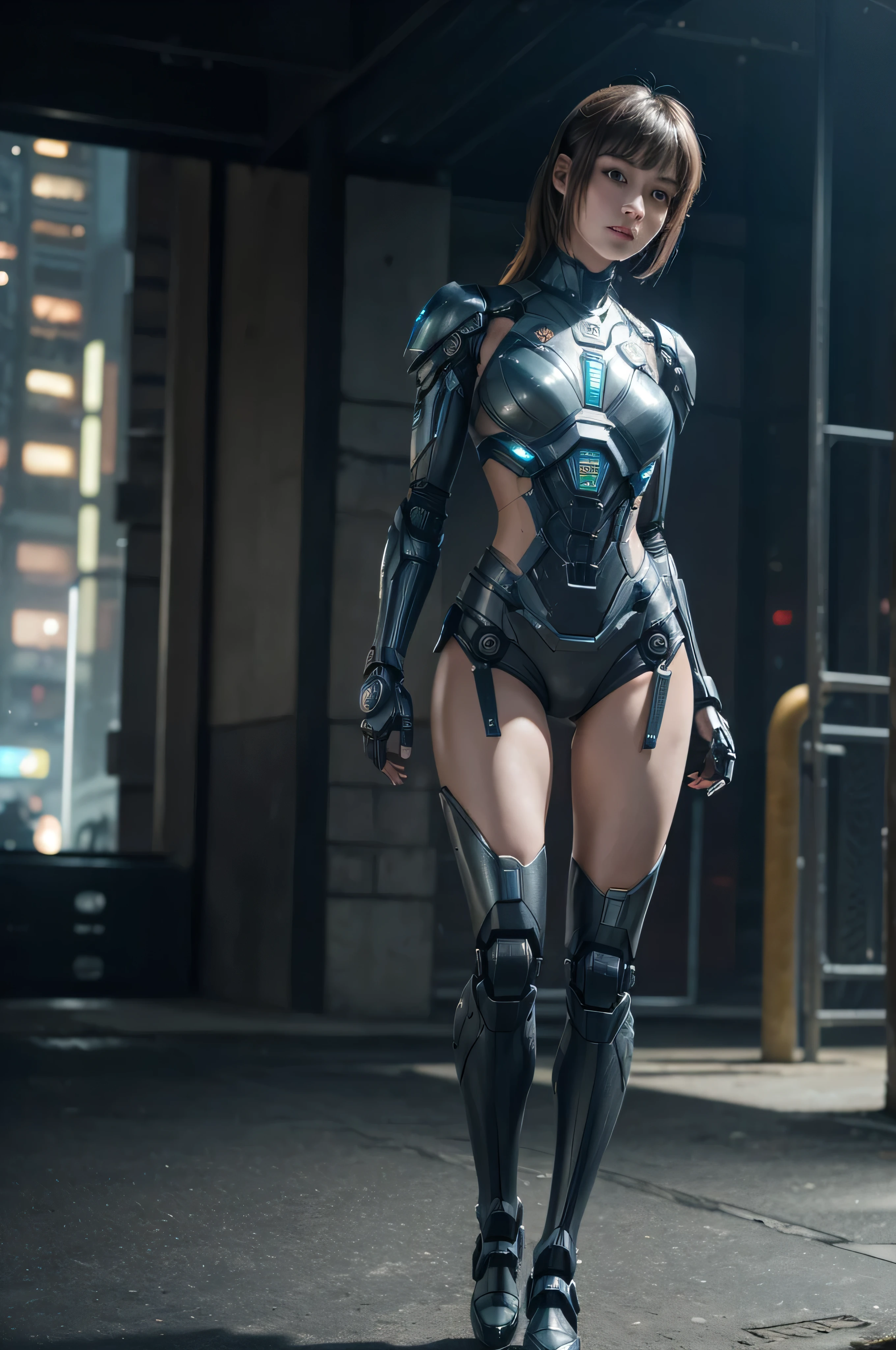 ((masterpiece, 8K, 3D, Realistic, Super Detail)), (1girl:1.3), slender 16 age, Ultra Micro photography, Melissa Benoist Super realistic, Perfect face, 16K resolution, 4k resolution, The photo was taken from the Front, facing to the photographer, Foreground photo, dynamic lighting, posing on a pedestal, high-definition resolution, Beautiful features, ((Perfect female Model Slim body)) Beautiful features, Standing pose, ((small hip)), (((2 piece Hotpants-Bikini))), Sci-fi futuristic, ((Pacific Rim Robot)) ((bionic Fragmented Pacific Rim Robot chest armor suit)), ((Exposed slim thighs)), wear mesh metal-stockings, ((slim thighs)), ((bionic Slim thighs Pacific Rim Robot armor)), Front Full body Shot, full body portrait, perfect legs, Pacific Rim Robot shoes, futuristic city background