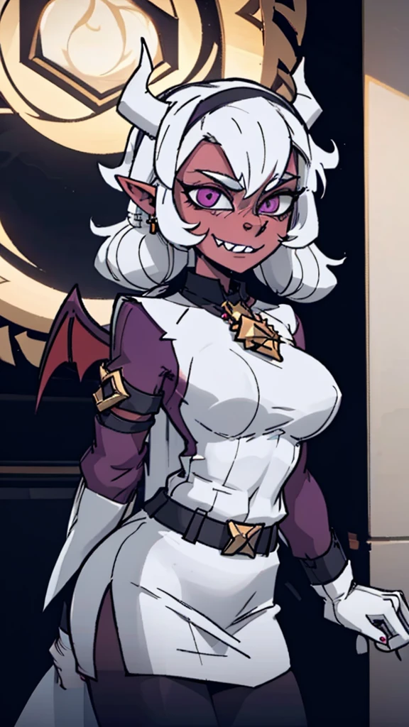 Elfa gato linda surreal, cabelos muito ruivos e detalhados, rosto detalhado, grandes chifres de demonio, gorda, corpo inteiro, grandes olhos, nariz longos e pontudos, colettetrixie, sharp teeth, hair over one eye, hairband, demon horns, colored sclera, purple shirt, purple shorts, demon wings, frieren, 1girl, long hair, pointy ears, twintails, jewelry, elf, earrings, capelet, white capelet, long sleeves, parted bangs, dress, belt, flower, pomni, gloves, puffy short sleeves, red eyes and blue eyes, striped, very big tits, very very big ass, 8k