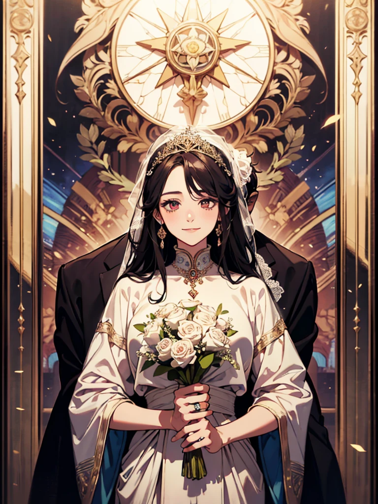 masterpiece, (absurdres, highres, ultra detailed), 1 young man, 1 young woman, wedding, bride, groom, two people, look at each other, smile, finely detailed eyes and detailed face, the lovers \tarot\, Symbolism, Visual art, Occult, Universal, Vision casting, Philosophical, Iconography, Numerology, Popularity, Artistic, Alfons Mucha