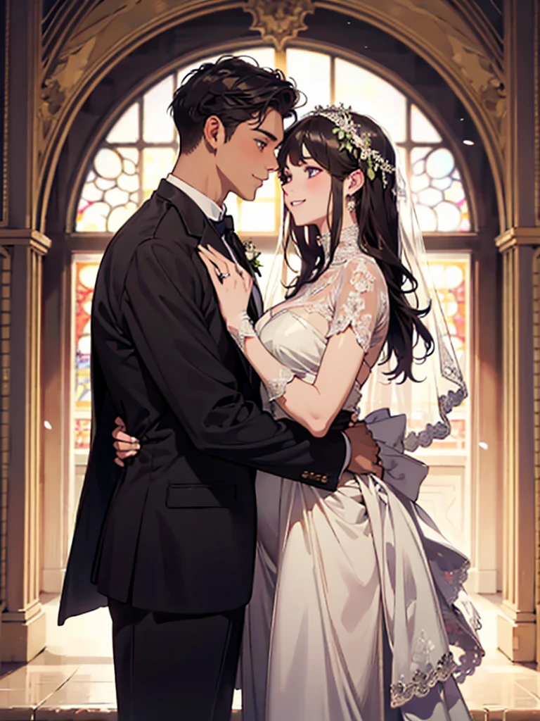 masterpiece, (absurdres, highres, ultra detailed), 1 young man, 1 young woman, wedding, bride, groom, two people, look at each other, smile, finely detailed eyes and detailed face, the lovers \tarot\, Symbolism, Visual art, Occult, Universal, Vision casting, Philosophical, Iconography, Numerology, Popularity, Artistic, Alfons Mucha