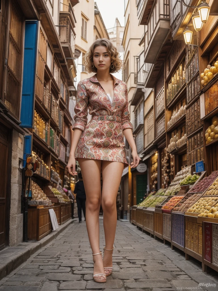 her name is Asako, high quality, 1girl, ((20-year-old fit Caucasian woman)), ((20 years old)), ((slim)), ((Wavy Bob)), pose: standing, wearing stylish fashionable accubi wear different colored, BACKGROUND: Within the labyrinthine alleys of the Grand Bazaar in Istanbul