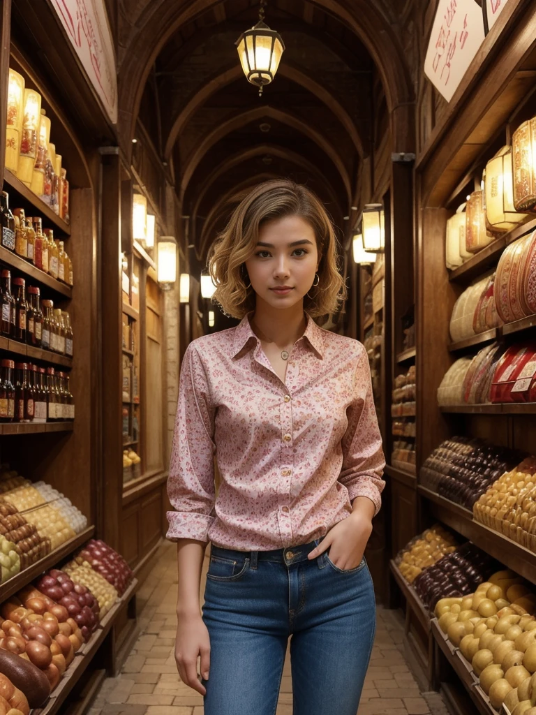 her name is Asako, high quality, 1girl, ((20-year-old fit Caucasian woman)), ((20 years old)), ((slim)), ((Wavy Bob)), pose: standing, wearing stylish fashionable accubi wear different colored, BACKGROUND: Within the labyrinthine alleys of the Grand Bazaar in Istanbul