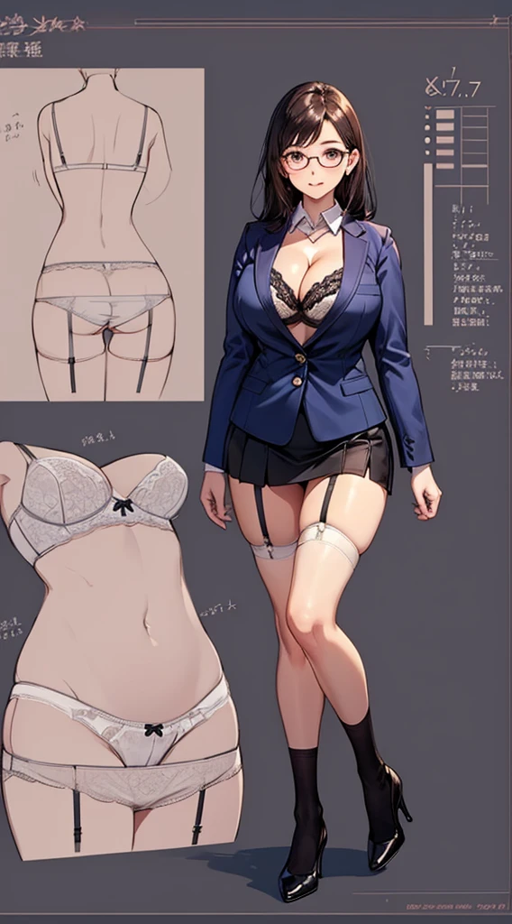 girl, alone, whole body, From head to toe, Are standing, (Huge Saggy Tits:1.3),
Character design sheet, Character Reference Sheet, 設計図のSchematic, Drafting, Blueprint, Schematic,
((Character design sheet:1.7, Character Reference Sheet:1.7,)),
anime/cartoon character wearing a girls , 1girl, alone, ,Mature Woman,Cleavage,Long sleeve,Collared shirt,White shirt,,(Tight Skirt),((garter belt)),(High heels),Skirt Suit,mini skirt,office lady,Long Hair, bow, , (Very short skirt:1.4), (lingerie:1.5),secretary,Thin glasses, (In underwear:1.8),nsfw,Full nudity、