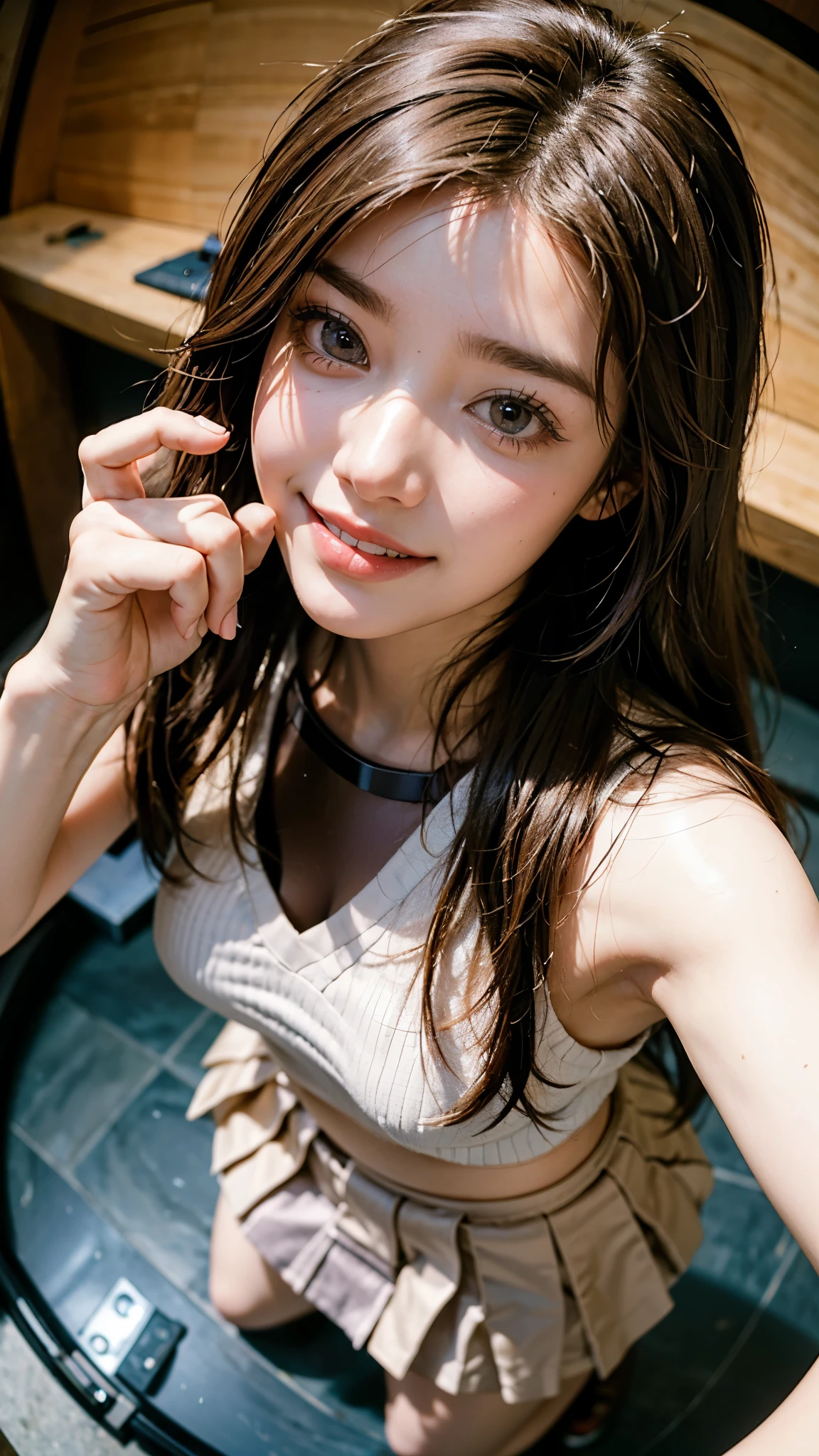 Highest quality, masterpiece, Ultra-high resolution,8K, (Realistic:1.6), (Make-up portrait:1.4) RAW Photos, Soft looking breasts,((Sakura-colored miniskirt fashion)),((Up Facial)),((k-popアイドルメイク)),One girl,(smile, Showing teeth)), 26 talents,((Long hair side parting hairstyle)),((Looking up at the audience)),Face Focus:1.4,((Shooting from above with a fisheye lens:1.4)),