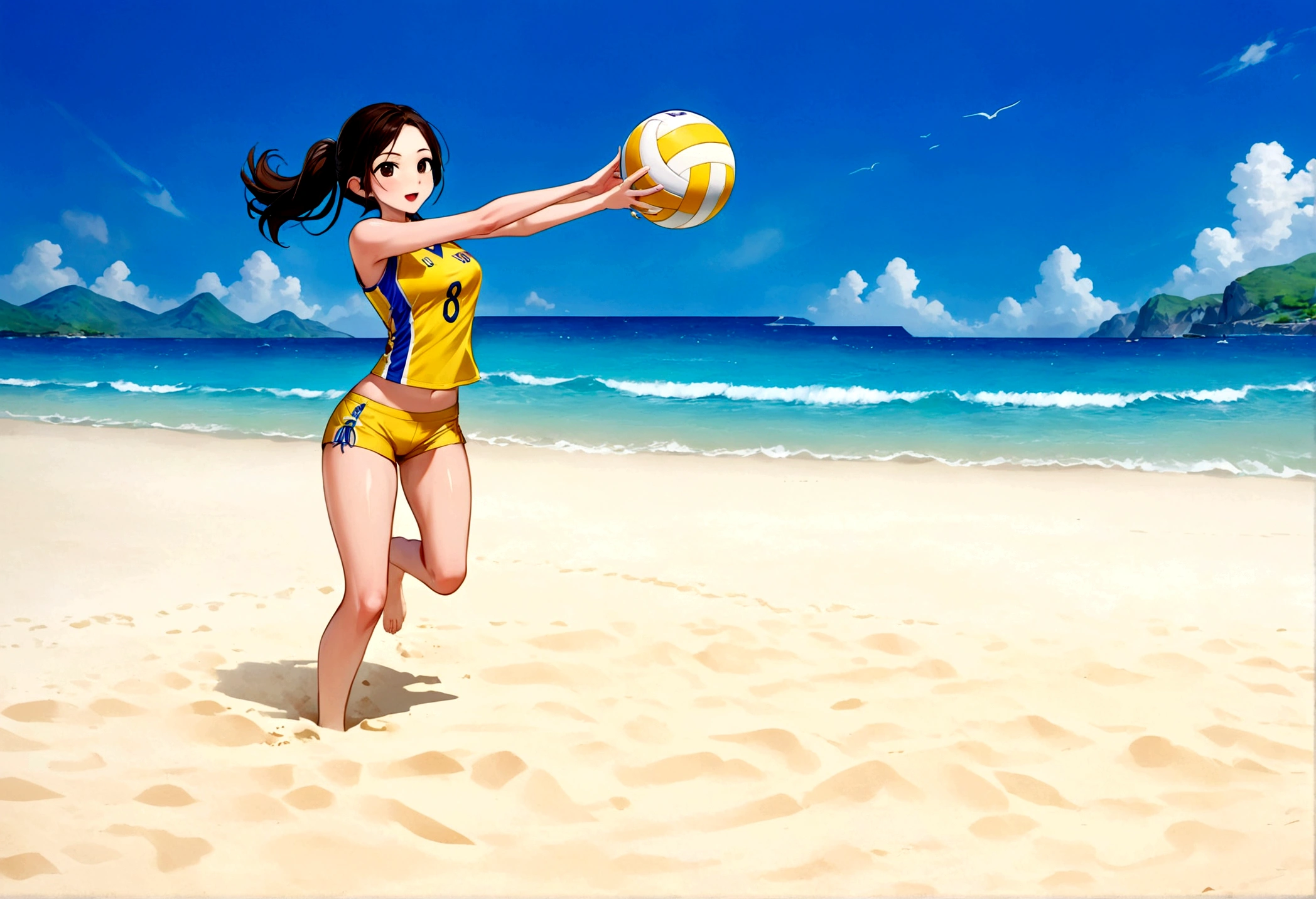 A cute woman is playing volleyball in a sensible beach outfit, high action, having fun