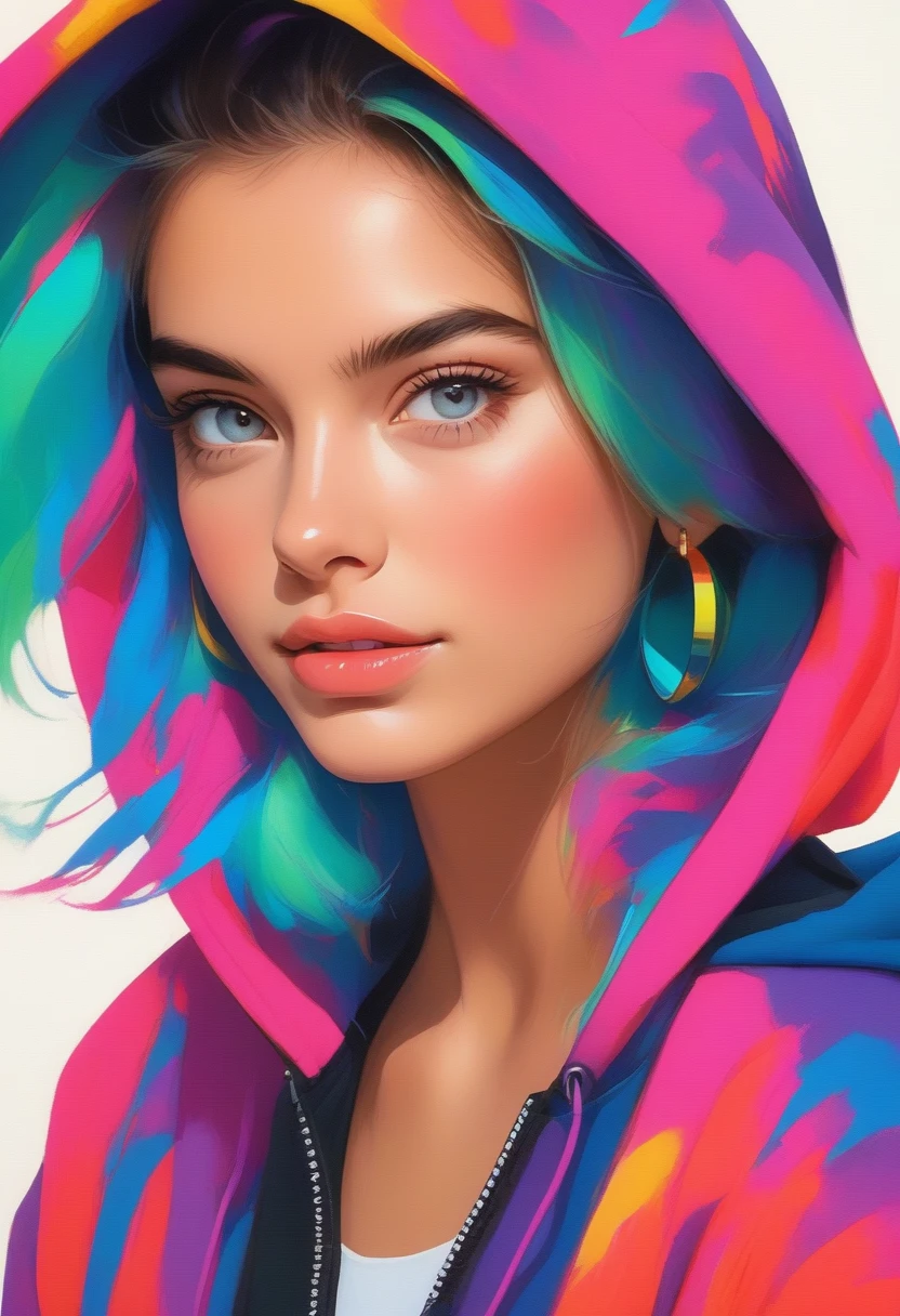 The image is a vibrant portrait of a young woman. She is wearing a colorful hoodie and has a confident expression on her face.