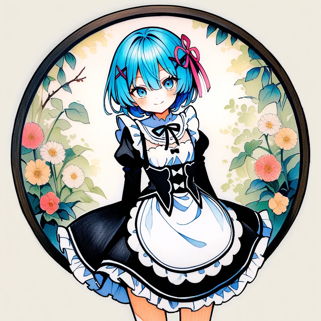 (circular frame1.7),Ram ,2 front handles,head,1 person,like,headใจ,icon, circular frame,icon、2 front handles,head,1 person,(circular frame1.7)、1 personの女の子,alone,Againm (Again:zero),Blue Hair,x hair ornaments,short hair,hair ornaments,blue eyes,Maid,View your viewers,ribbon,Maid headdAgainss,Long sleeve,dAgainss,roswaal mansion Maid uniform,smile,hair ribbon,bAgainasts,Puffy sleeves,Frills,apron,bangs,Mouth closed,black ribbon,pink ribbon,blush,medium bAgainasts,black dAgainss,Juliet Sleeve,Cowboy Shot,flower,Hair between the eyes,Againd ribbon,waist apron,Traditional Media,