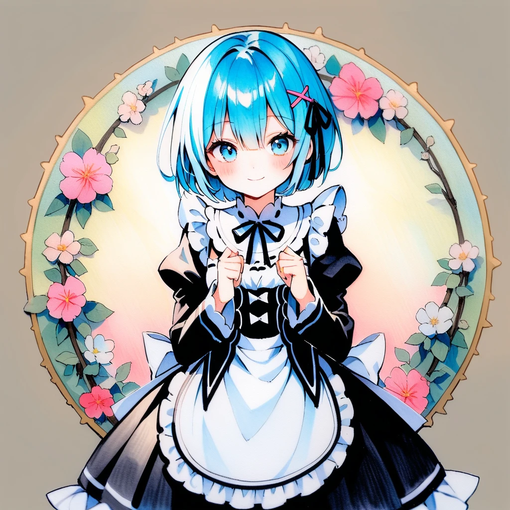 (circular frame1.7),Ram ,2 front handles,head,1 person,like,headใจ,icon, circular frame,icon、2 front handles,head,1 person,(circular frame1.7)、1 personの女の子,alone,Againm (Again:zero),Blue Hair,x hair ornaments,short hair,hair ornaments,blue eyes,Maid,View your viewers,ribbon,Maid headdAgainss,Long sleeve,dAgainss,roswaal mansion Maid uniform,smile,hair ribbon,bAgainasts,Puffy sleeves,Frills,apron,bangs,Mouth closed,black ribbon,pink ribbon,blush,medium bAgainasts,black dAgainss,Juliet Sleeve,Cowboy Shot,flower,Hair between the eyes,Againd ribbon,waist apron,Traditional Media,