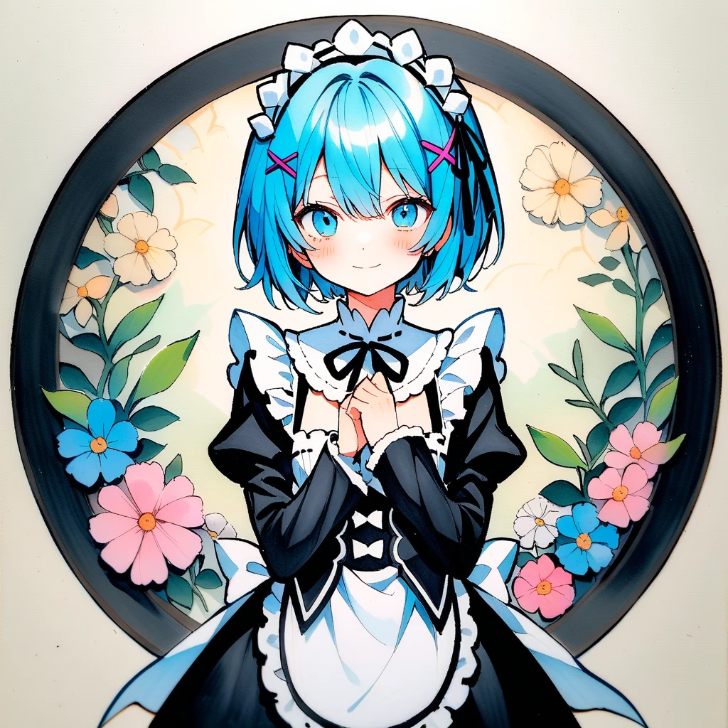 (circular frame1.7),Ram ,2 front handles,head,1 person,like,headใจ,icon, circular frame,icon、2 front handles,head,1 person,(circular frame1.7)、1 personの女の子,alone,Againm (Again:zero),Blue Hair,x hair ornaments,short hair,hair ornaments,blue eyes,Maid,View your viewers,ribbon,Maid headdAgainss,Long sleeve,dAgainss,roswaal mansion Maid uniform,smile,hair ribbon,bAgainasts,Puffy sleeves,Frills,apron,bangs,Mouth closed,black ribbon,pink ribbon,blush,medium bAgainasts,black dAgainss,Juliet Sleeve,Cowboy Shot,flower,Hair between the eyes,Againd ribbon,waist apron,Traditional Media,