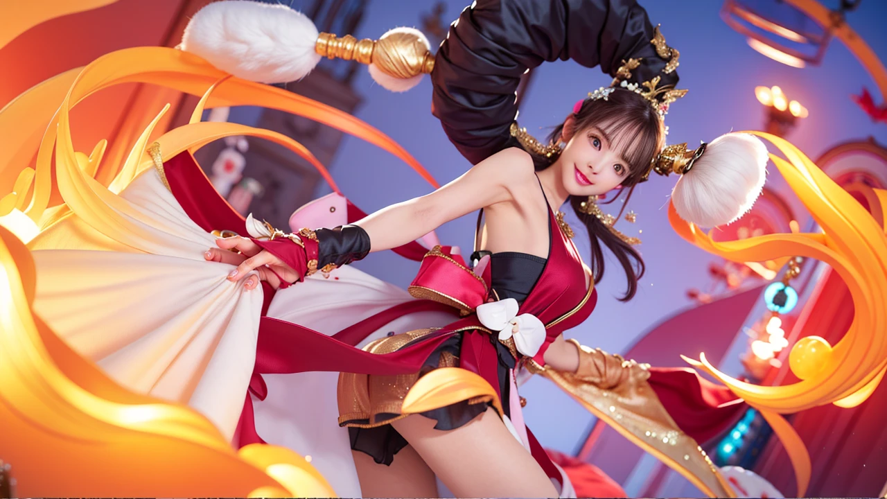 (8k, 4k, best quality, highres:1.2), (maasterpiece, realistic, photo realistic:1.37), 1girl, solo, beautiful face, eyelashes, nose, glossy lips, (detailed eyes, looking at viewer, fair skin, white skin:1.5), fine complexion, upper body,
large breasts, busty,,,
outdoor onsen,
two side up, absurdly long hair, blonde hair, pink hair, bangs, hair ornament, bow,
younger, aged down,