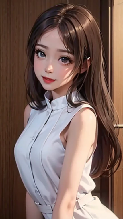 blush a little and smile, (Top quality masterpiece:1.2) Delicate illustrations, Very detailed, /Beautiful Japanese Women、1 person,Very cute and slim、Great style 、((8K images、super high quality))、Very delicate face, Skin and Hair、beautifule forehead、Red lipstick、(((((Mid-length hair、Light brown hair、lure))))),Very cute Japanese cut face、Eyes and nose are clearly visible、Kind eyes,((((Sleeveless fashion))))