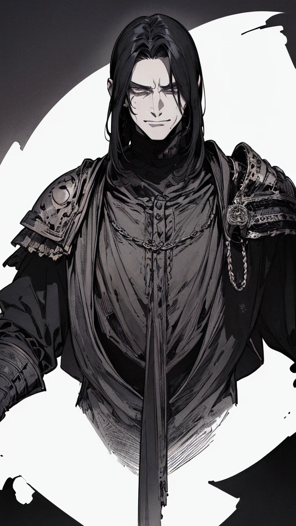 Best quality, (background_detail), high_contrast, detail_original_illustration, warrior, muscular, villain face, armored, full_body, medieval, crease between eyes, young man, man in 20s, dark_stitch_landscape, (dramatic_lighting:1. 25), (shaded_background:1.2), black_hair, (short black hair:) 1.1 ), Large figure, Delicate face, Evil smile, Sharp eyes, Black background, (Black background:1.5), Beautiful line drawing, Black and white