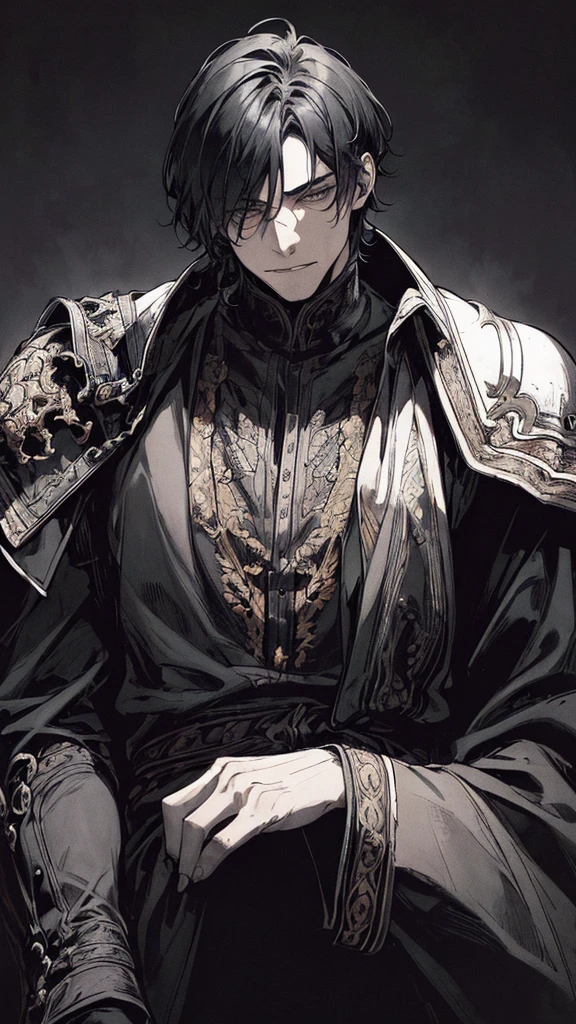Best quality, (background_detail), high_contrast, detail_original_illustration, warrior, muscular, villain face, armored, full_body, medieval, crease between eyes, young man, man in 20s, dark_stitch_landscape, (dramatic_lighting:1. 25), (shaded_background:1.2), black_hair, (short black hair:) 1.1 ), Large figure, Delicate face, Evil smile, Sharp eyes, Black background, (Black background:1.5), Beautiful line drawing, Black and white