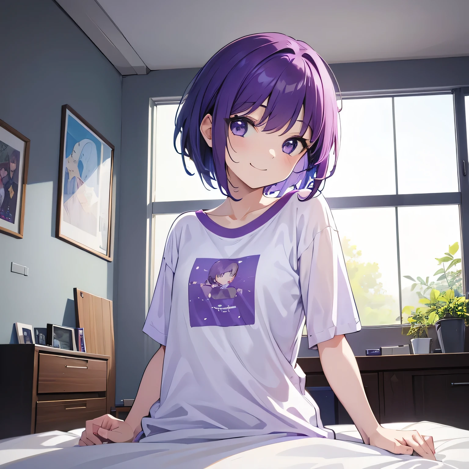 (T Masterpiece,4k wallpaper,Best Quality))、((girl1people))、(solo)、Bright and Brilliant,(Purple Hair)、(short hair:1.3)、smile、Bedroom、T-Shirtorning
