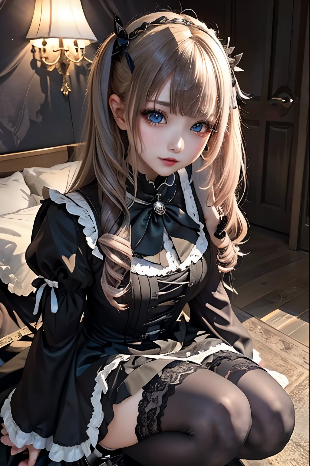 ハードなDark Gothicメイク、Black dark eyeshadow、sad、Good skin radiance、Dark Gothicメイク、Dark smile、palace、The beauty of fragrance、24-years-old、Expression of intense sexual pleasure、Embarrassed look、Dark Gothic、Highest quality、Expression of sexual pleasure without pain、Drunk face、Purple maid outfit、Mysterious、Noble、sexy、Loving smile、Twin tail hair、Right blue eye、Left eye is red、Super tempting pose、Platform Heel Shoes、Heavy makeup、Gothic Lolita clothes、Silver Hair、Long Hair Straight Hair、Cute Gothic Lolita Dress、Beautiful Face、elegant features、Attractive face、Stained glassを背景に、Chest glistening with sweat、The room is dark、goth long dress、Bell Sleeves、Wizard Sleeve、Decadent look、Sexually excited expression、Glossy thighs wet with water、Thighs that are wet and shiny with oil、Background of a room full of roses、sad表情、Rose Maiden、The embroidery is pink、The dress has pink embroidery.、Thigh-high socks、Knee-high socks、Gentle expression、Dark black eyeshadow、Stained glassとバラの背景、thighs are a little thin、Female Duo、Female couple、dark church background、Stained glass、Black metal world、Dark Castle、Dark Room、Slender body、gothic long dress、Victorian dress、Small breasts、Hold the wine in your right hand、Hold the lantern in your left hand、pantyhose、The bed is covered with roses、Her thighs are shining with sweat、My body is wet and shiny、Lots of glitter on the thighs、sweating、私の太ももはsweatingでベタベタしている、Sweat glistening on my thighs、The whole body is sweaty and shiny、I sweated a lot.、My thighs are sweaty、Wet thighy thighs are shining with sweat、A lot of sweat glistening all over the body、Slender body、Put your head on the pillow、Sleeping on a bed、Beautiful legs、Stretching legs、Lie down in bed、Lie on your back in bed、